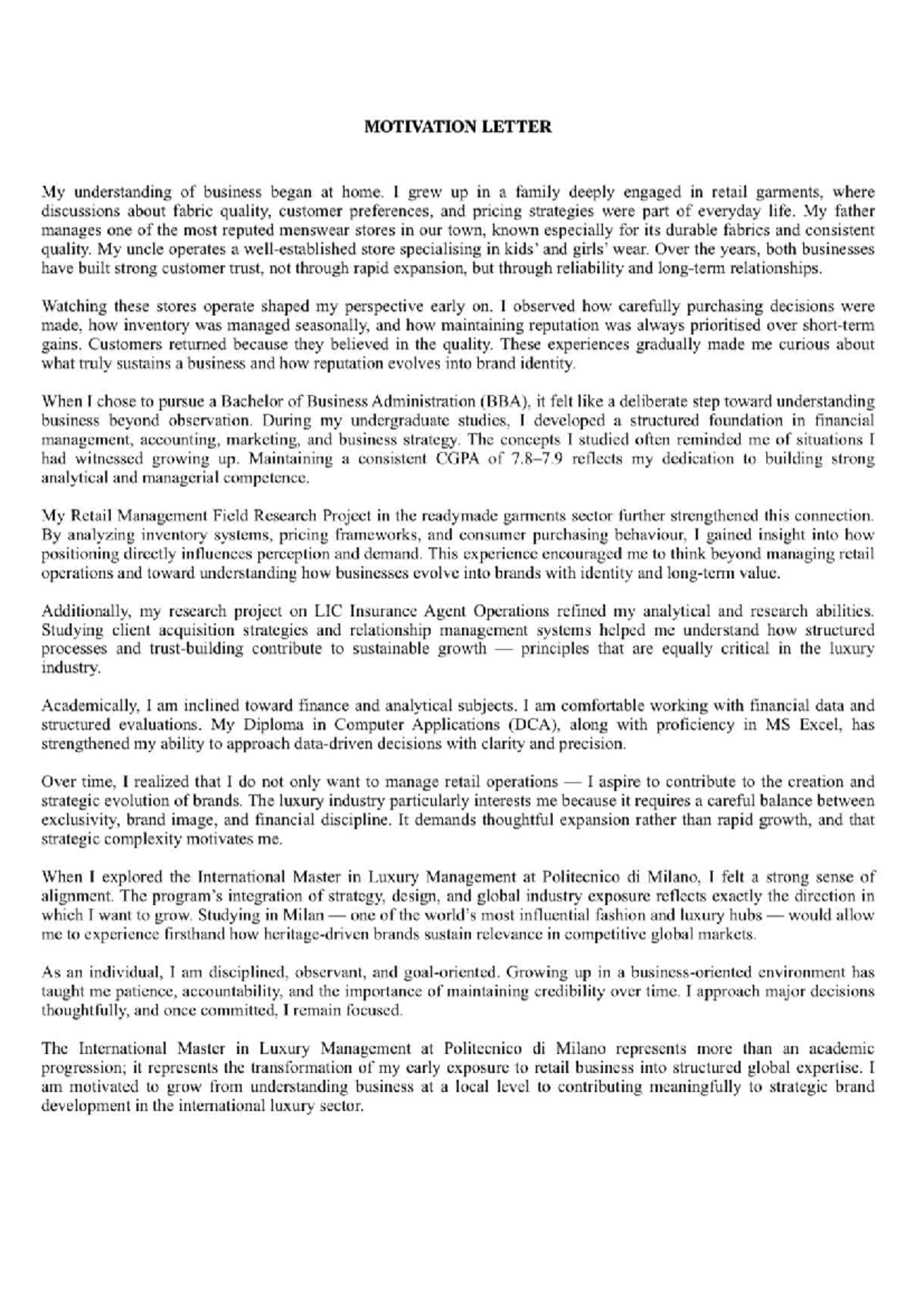 BBA Motivation Letter: Pursuing International Luxury Management - Studocu