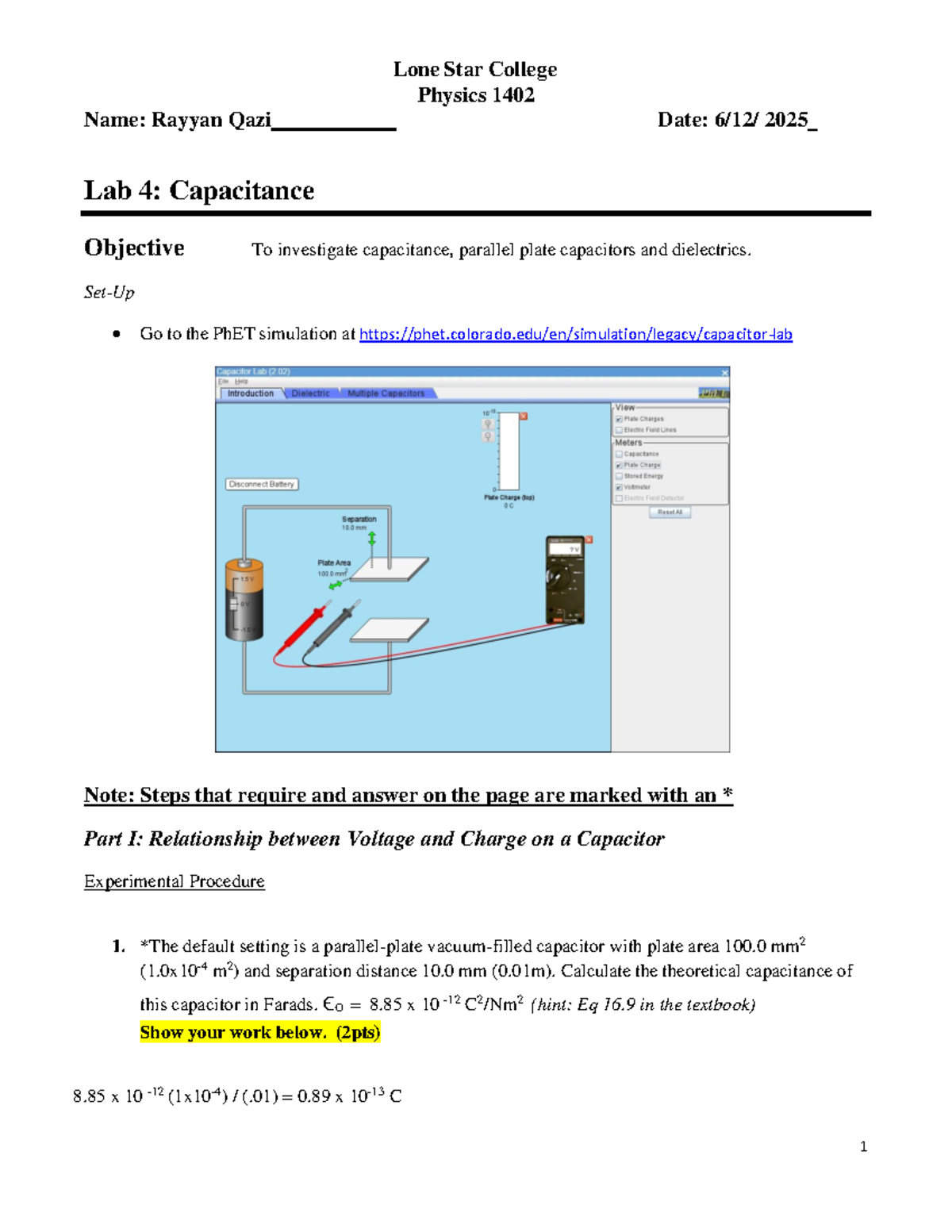 Lone Star College PHYS 1402 Lab 5: Ohm's Law Online Lab Report