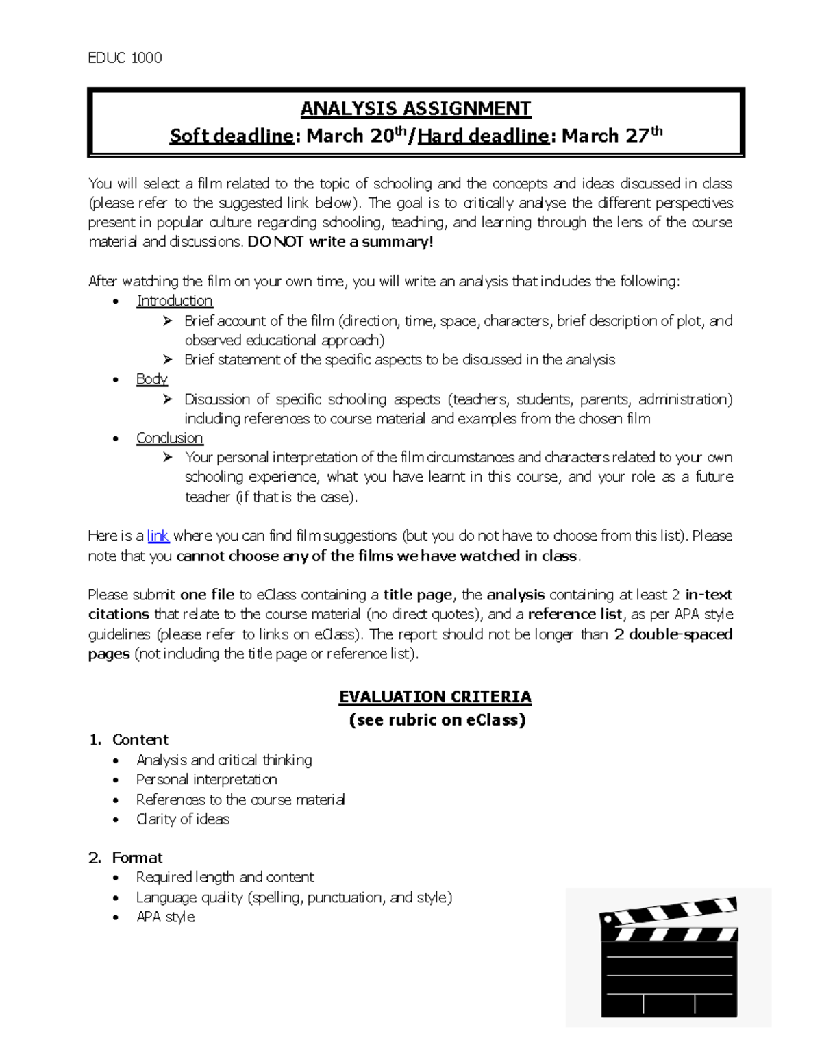 Film analysis assignment instructions - EDUC 1000 You will select a ...