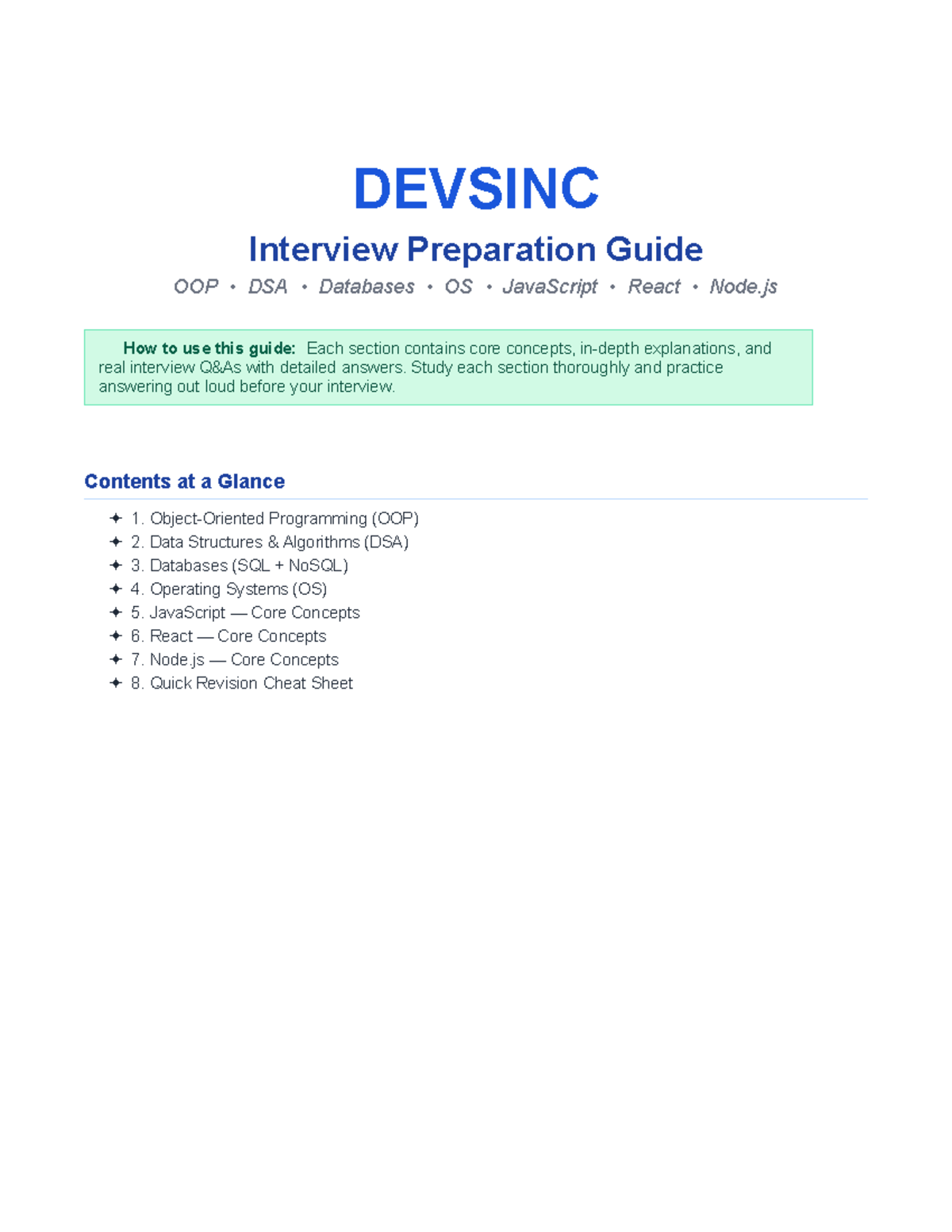 DEVSINC Interview Prep Guide: OOP, DSA, Databases, OS, JS, React, Node ...