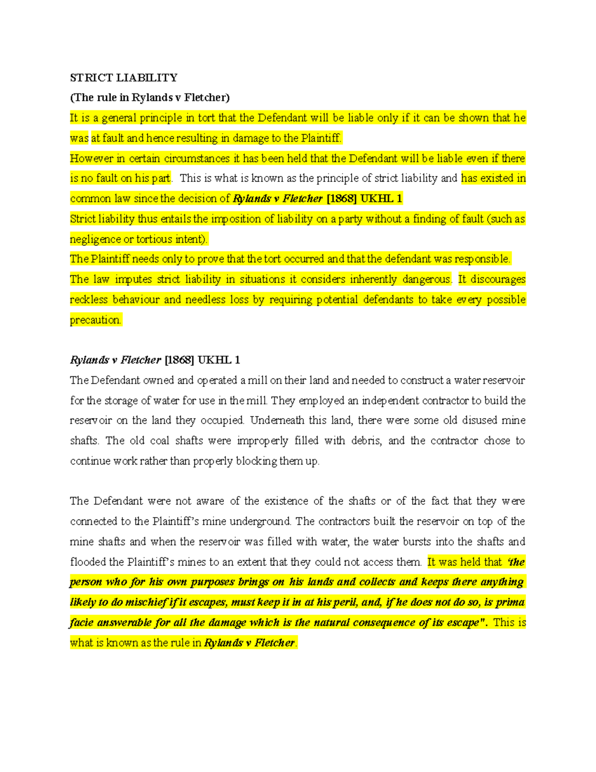 Strict Liability - Lecture Notes on Rylands v Fletcher Principle - Studocu