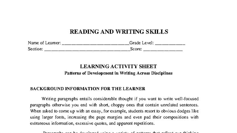 RWS S2 Q3 Learning Activity: Patterns of Development in Writing - Studocu