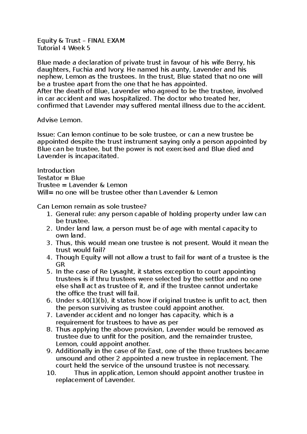 Equity Trust FINAL EXAM Tutorial 4: Trustee Appointment Issues - Studocu