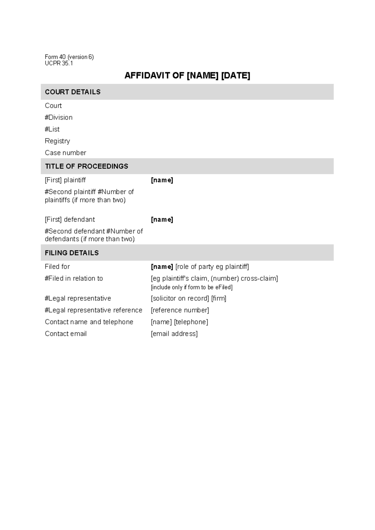 UCPR Form 40 V6 - Affidavit Template for NSW Civil Litigation - Studocu