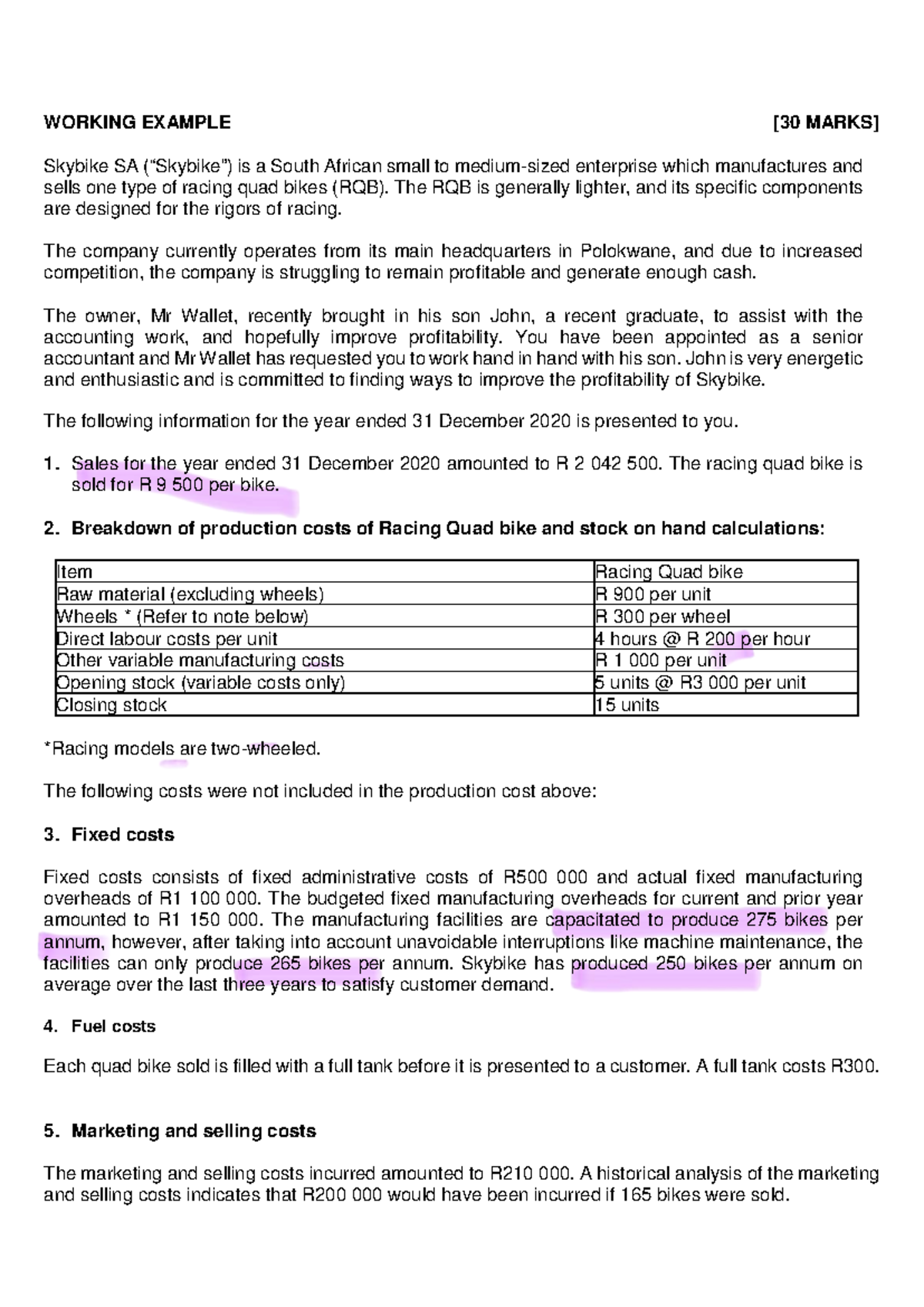Working Example: Profitability Analysis for Skybike SA - Studocu