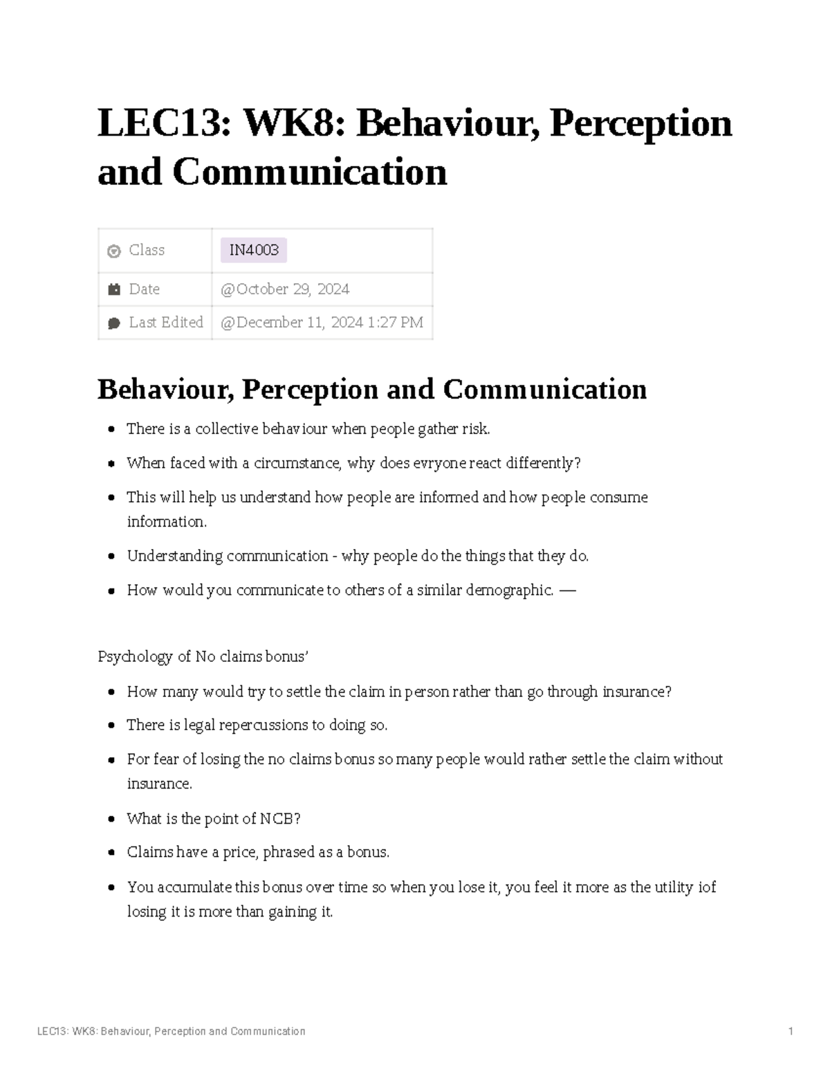 Week 8 Lecture: Behaviour & Communication in Insurance (IN4003) - Studocu