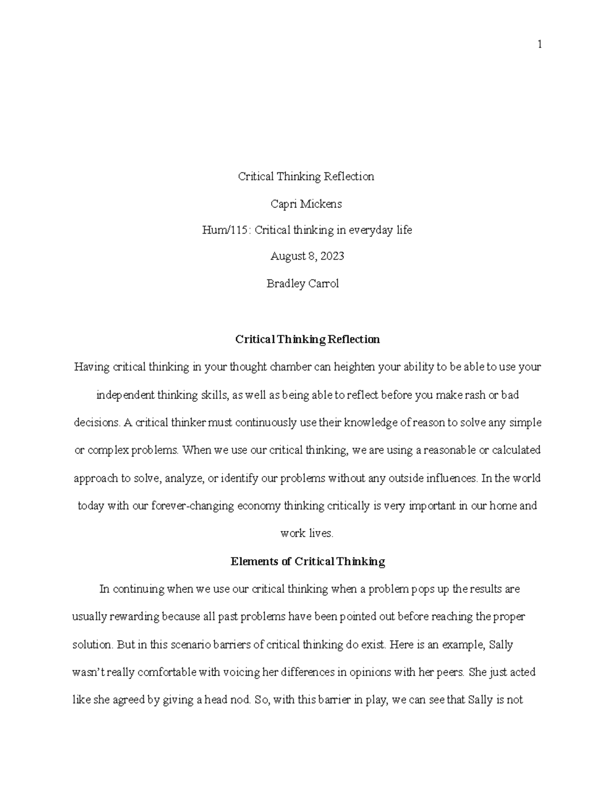 Hum115 v10 Week 5 Reflection on Critical Thinking Skills - Studocu