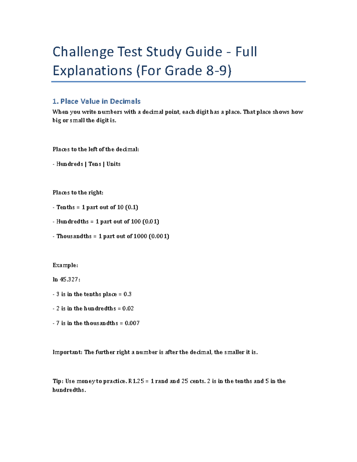 Challenge Test Study Guide: Detailed Explanations for Grade 1 - Studocu