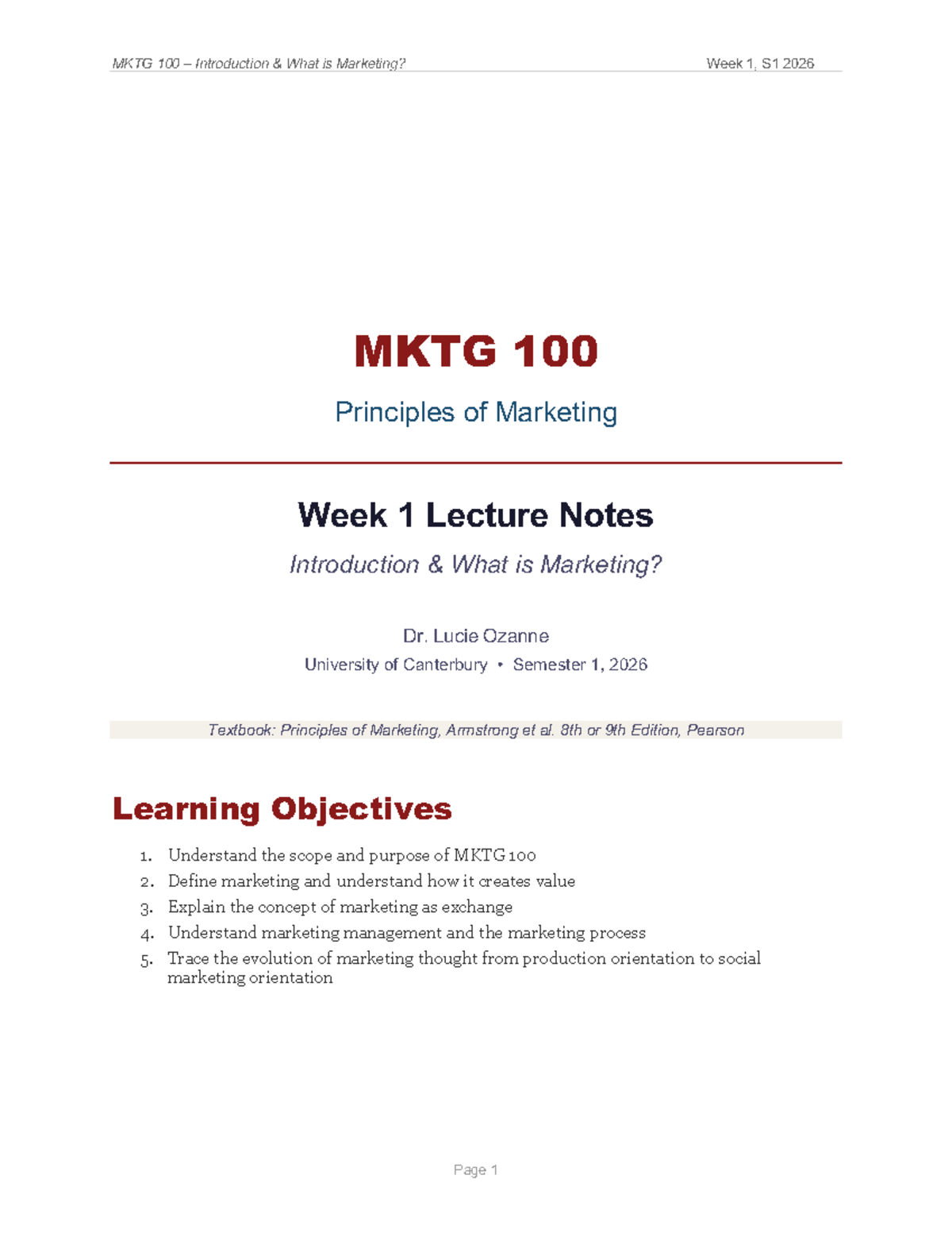 MKTG 100 Week 1 Lecture Notes: Introduction to Marketing Concepts - Studocu