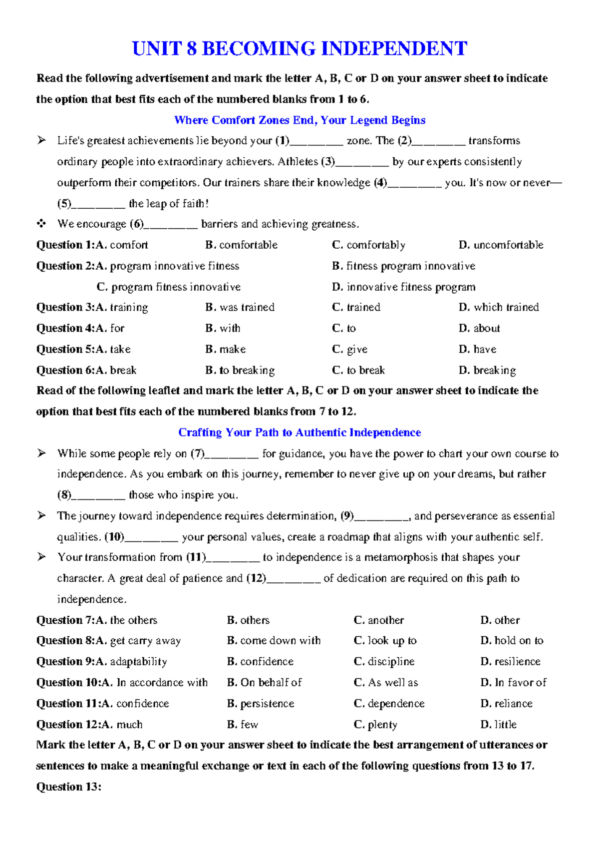 UNIT 8 BECOMING INDEPENDENT: Exercises and Questions for Mastery - Studocu