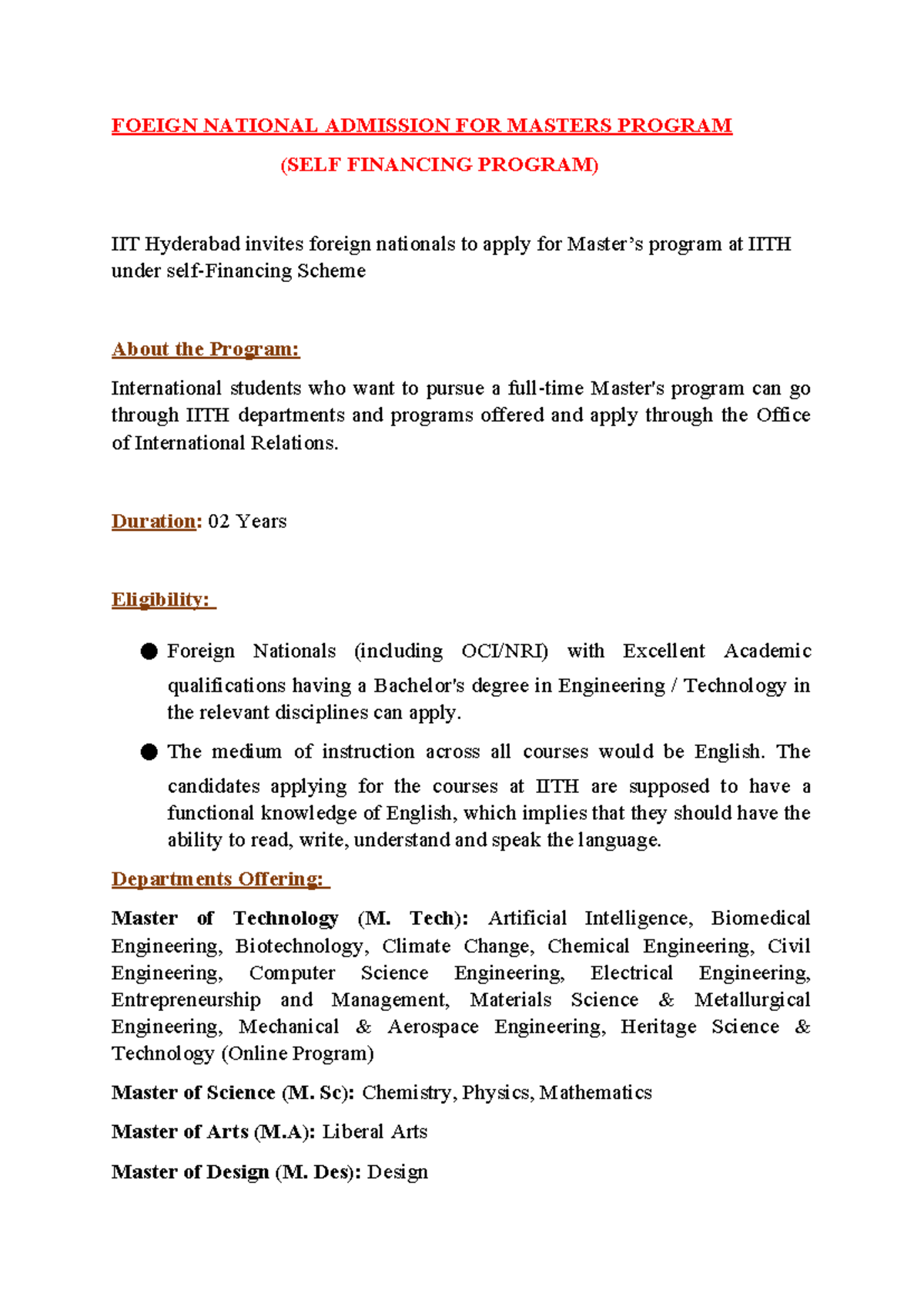 IITH PG Self-Financing Program for Foreign Nationals Admission - Studocu