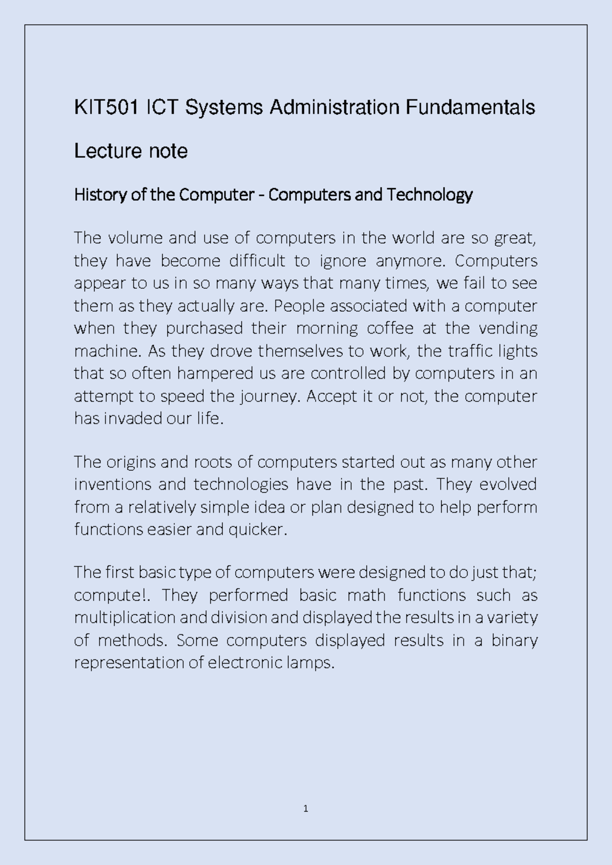 KIT501 ICT Systems Administration Fundamentals lecture note History of ...