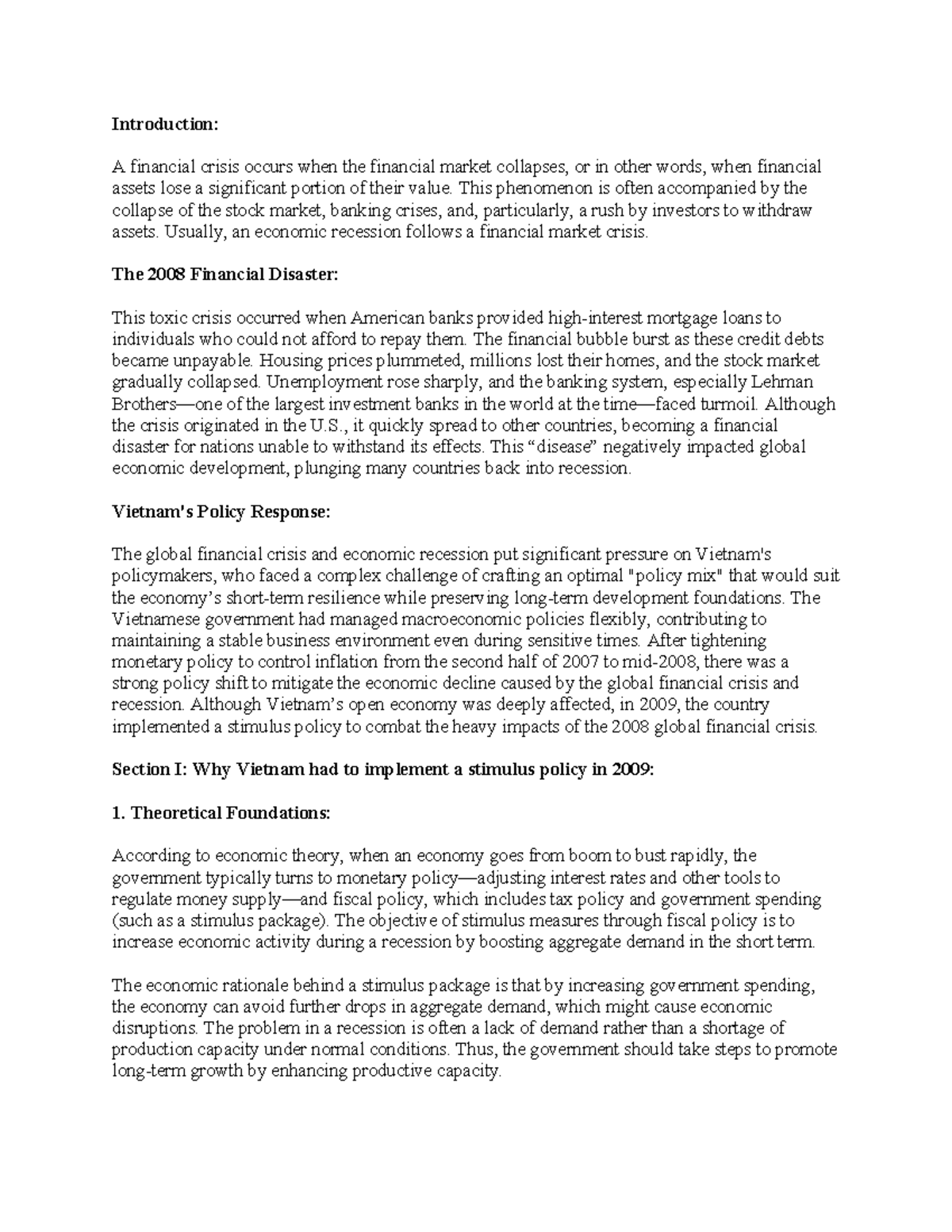 K TE VIX MOO: Analysis of Vietnam's 2009 Stimulus Policy Post-2008 ...