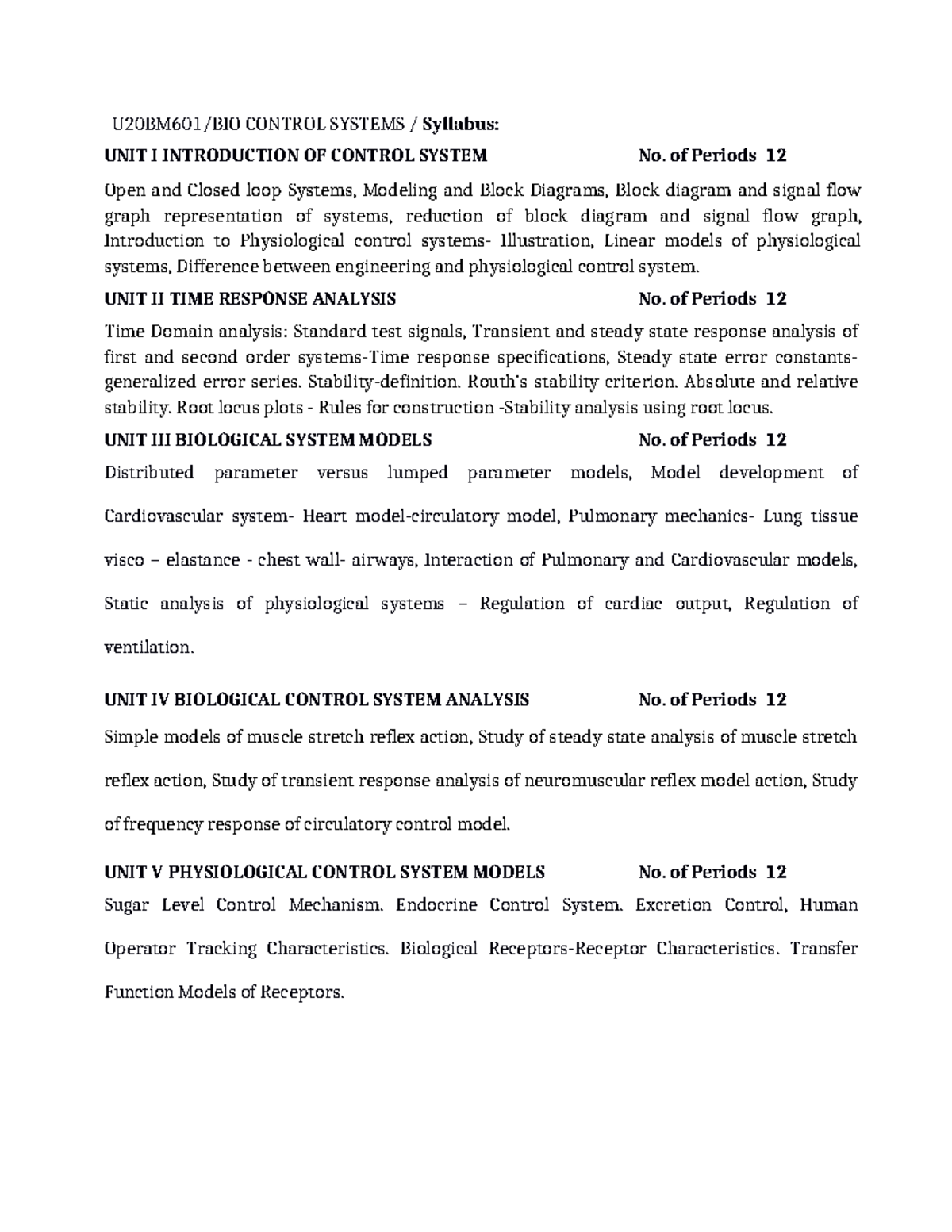 U20BM601 Syllabus: Bio Control Systems Overview and Analysis - Studocu