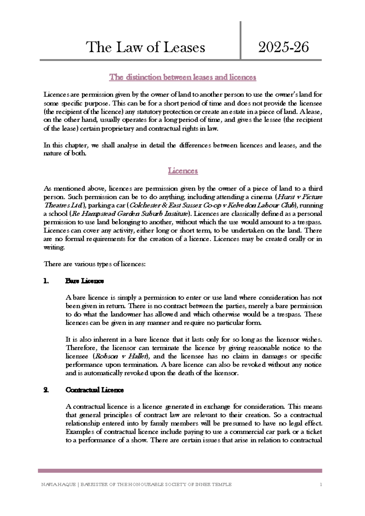Law of Leases: Distinctions Between Leases and Licences - Studocu