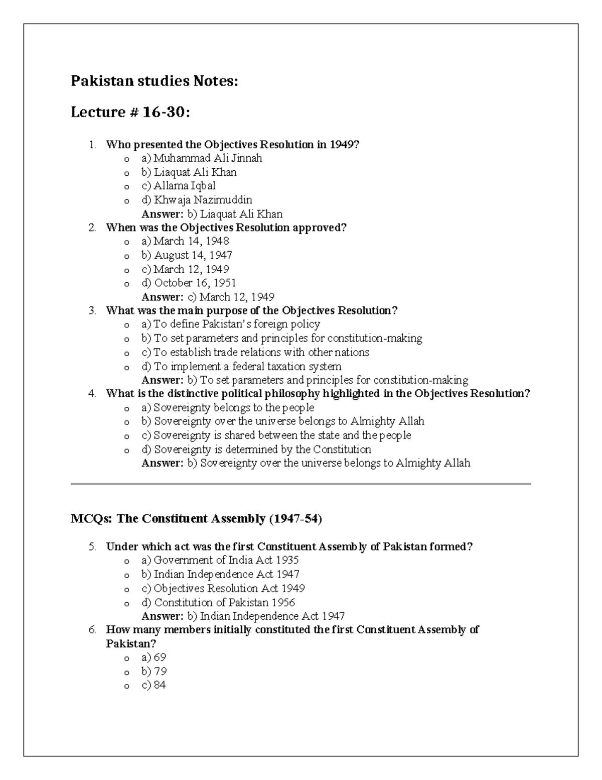 Pakistan Studies Lecture Notes: Key Concepts from Lectures 16-30 - Studocu