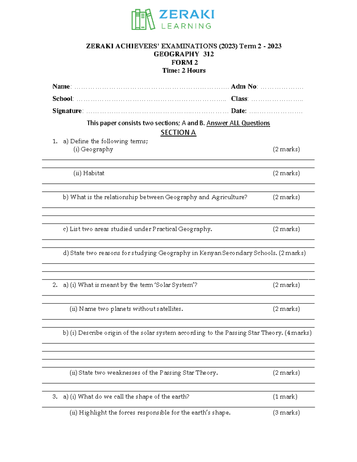 Geography Form 2 Question Paper Zeraki Achievers 10.0 July 2023 ...