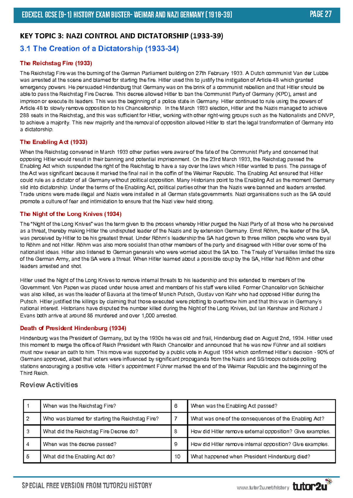 Edexcel GCSE History Exam: Weimar & Nazi Germany - Key Topic 3: Nazi ...