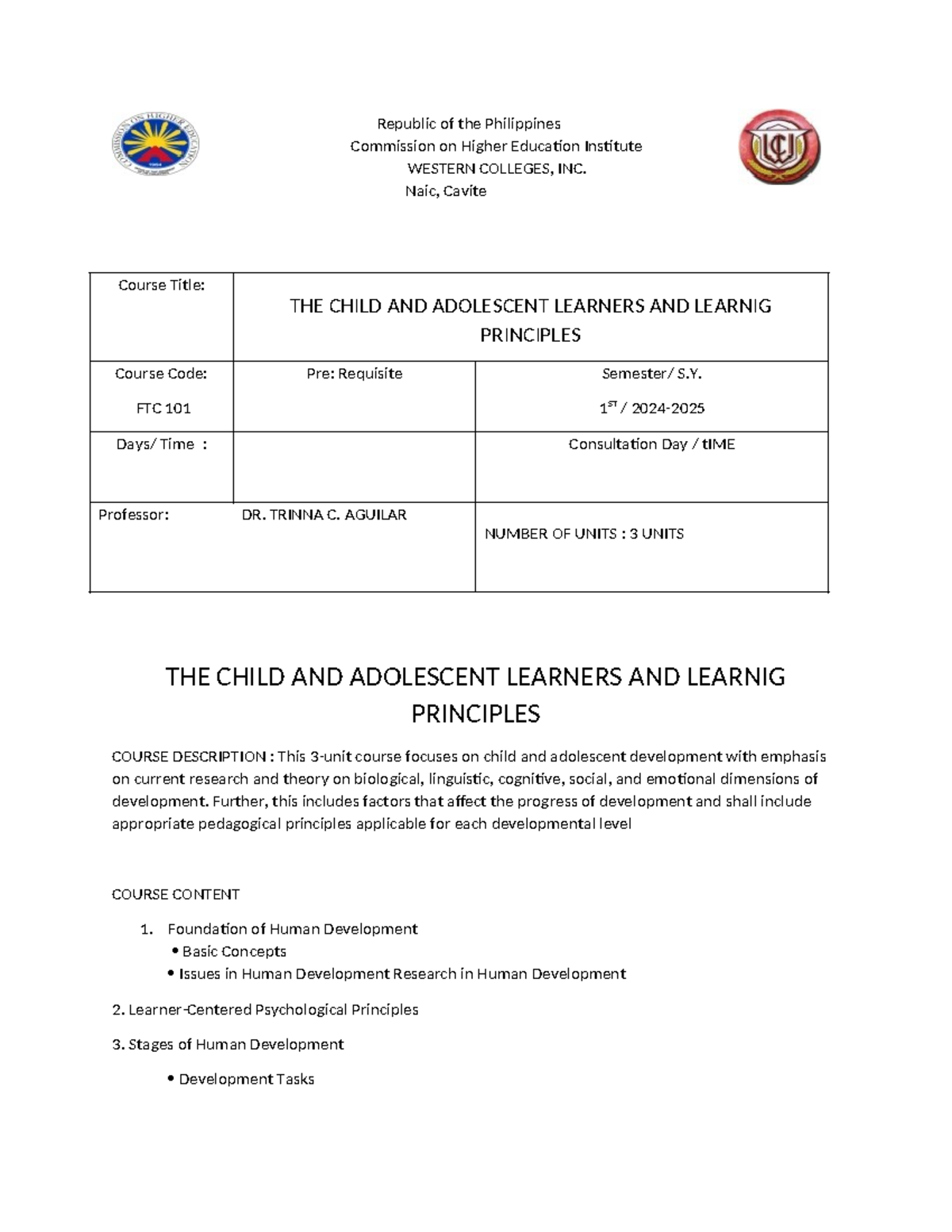 FTC 101 Course Outline: Child and Adolescent Learning Principles - Studocu