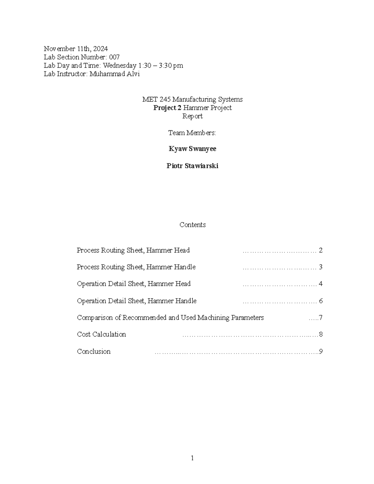 MET245 Lab Report Project 2: Hammer Manufacturing Analysis - Studocu