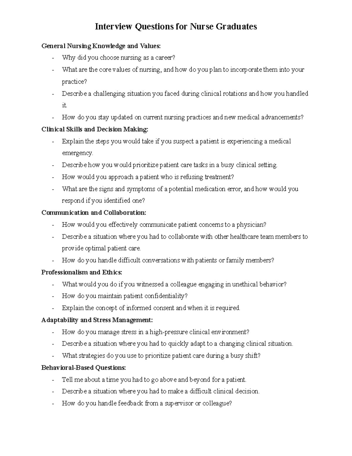 Interview Questions for Nurse Graduates: Core Values & Skills - Studocu