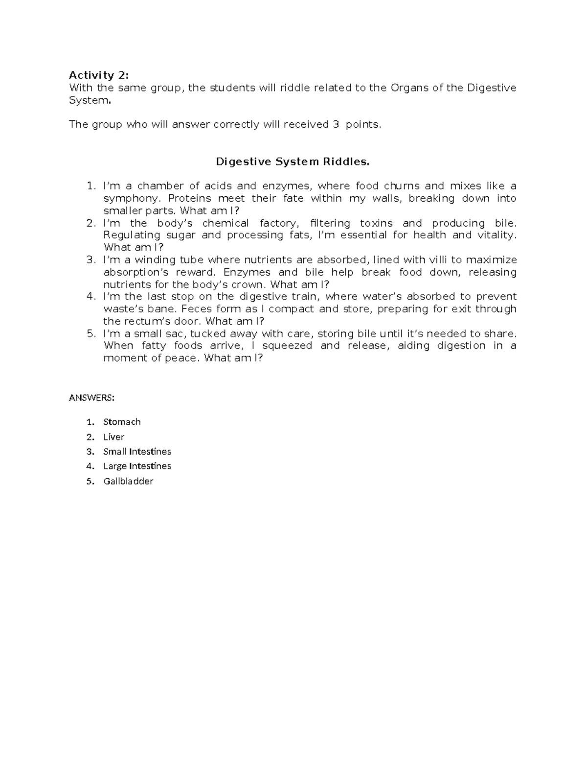 Digestive System Riddles Activity 2 - Answers and Points System - Studocu