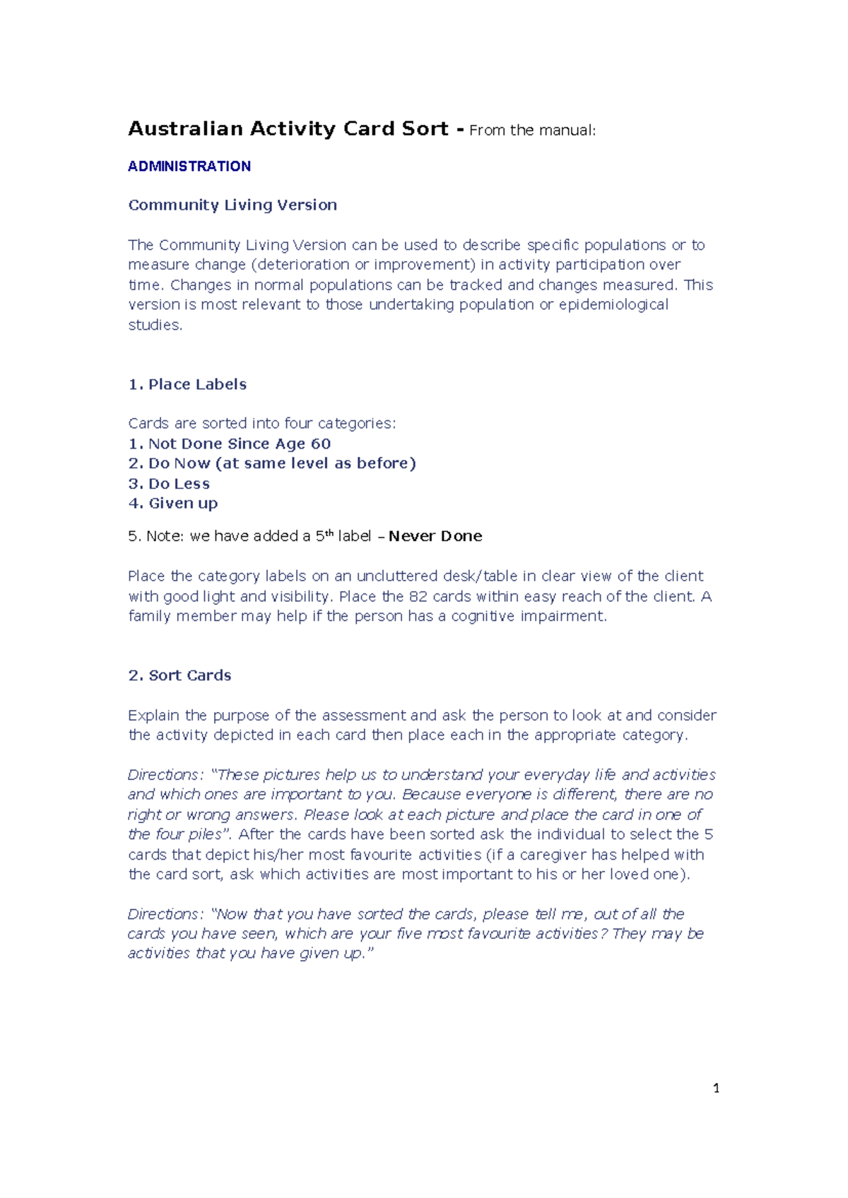 Australian Activity Card Sort - Community Living Version Guide - Studocu