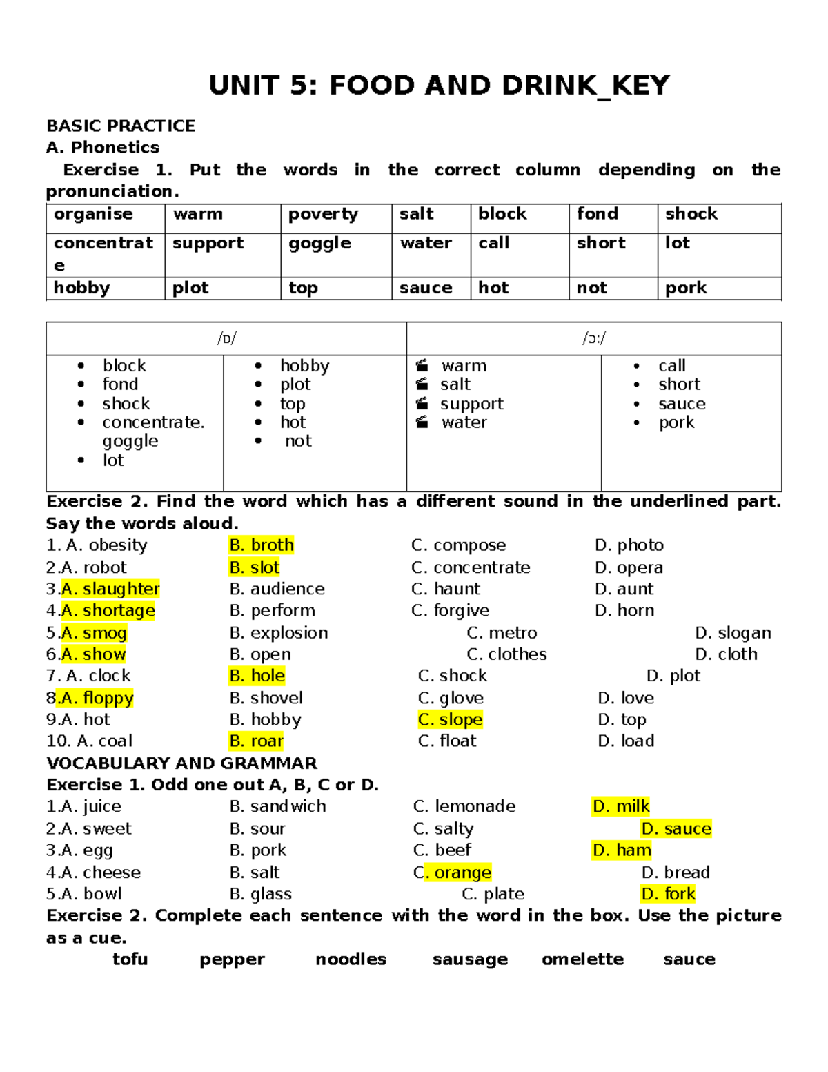 UNIT 5: FOOD AND DRINK - KEY PRACTICE EXERCISES - Studocu