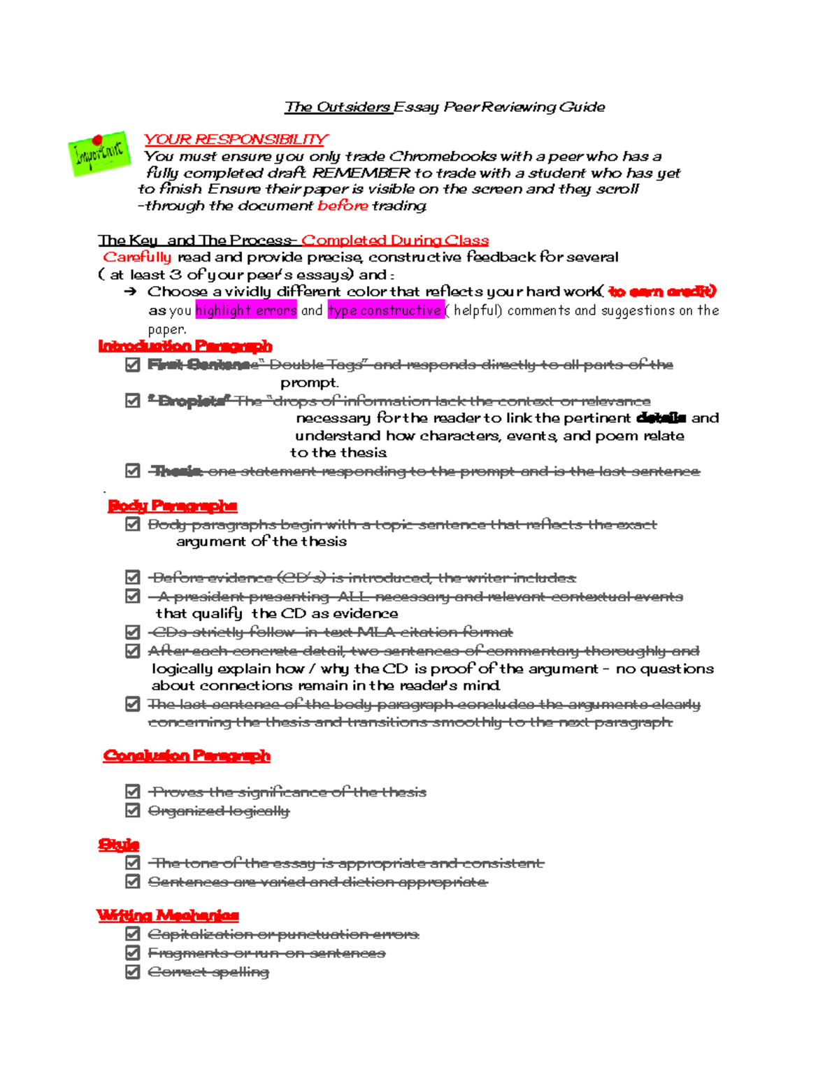 The Outsiders Essay Peer Review Guide for Constructive Feedback - Studocu