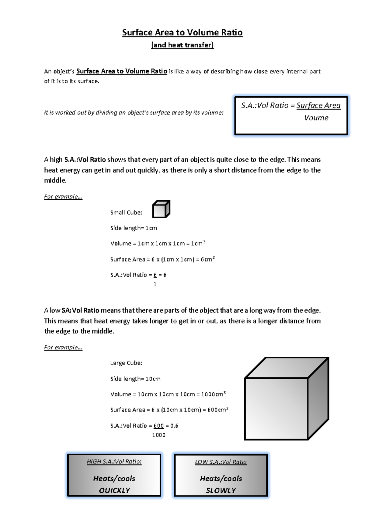 Surface Area to Volume Ratio Worksheet: Heat Transfer Analysis - Studocu