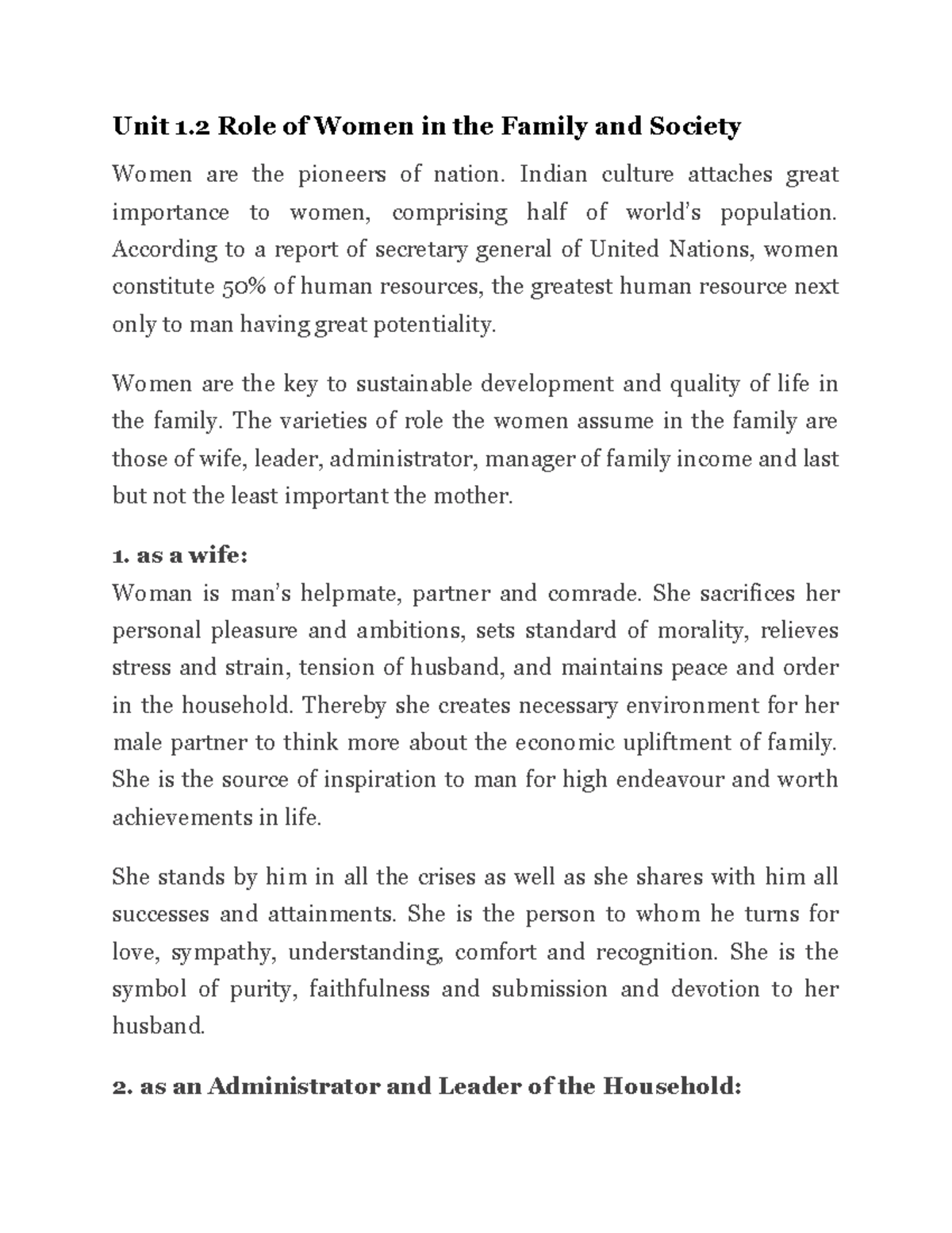 Unit 1.2 The Changing Role of Women in Family and Society - Studocu