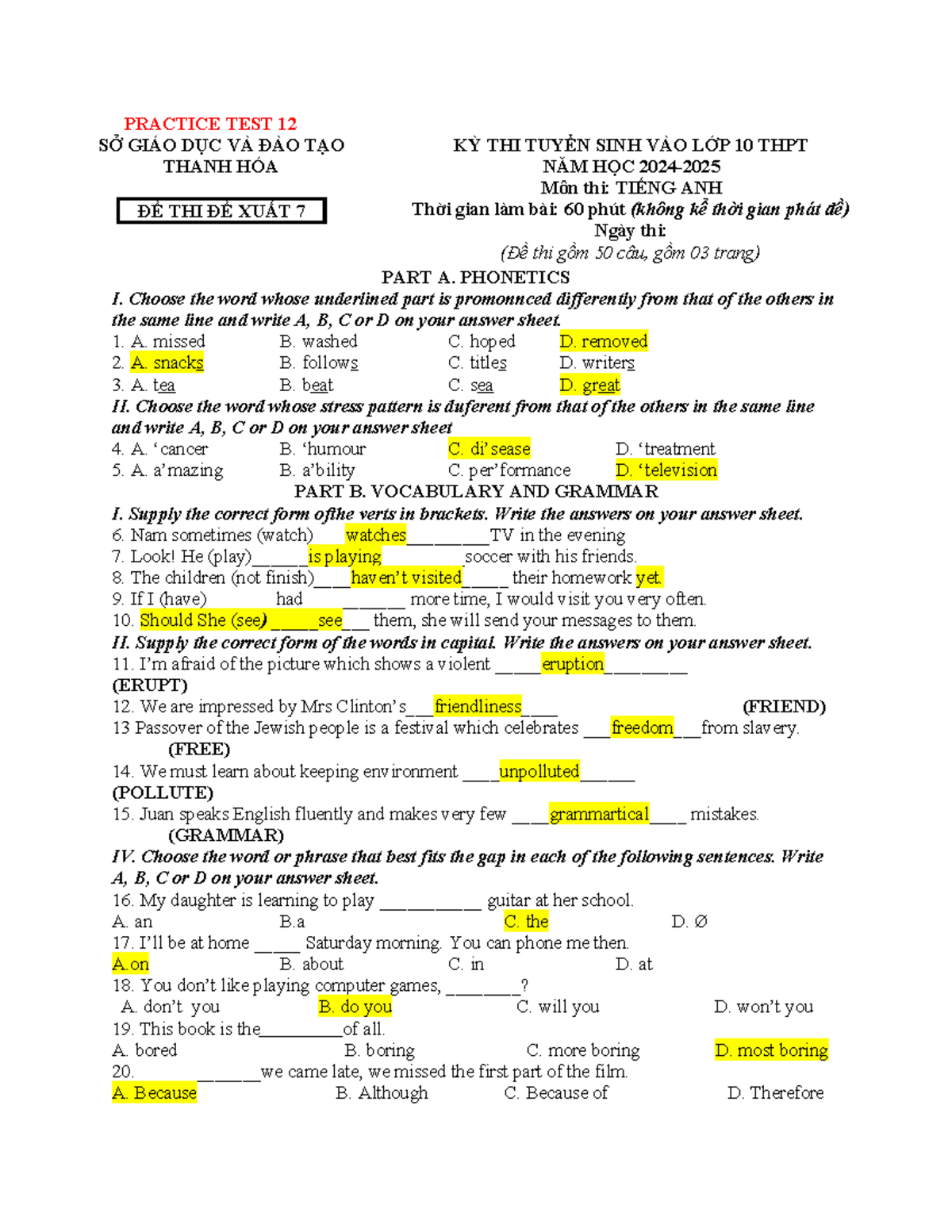 PRACTICE TEST 12 TIẾNG ANH KỲ THI TUYỂN SINH LỚP 10 THPT - Studocu
