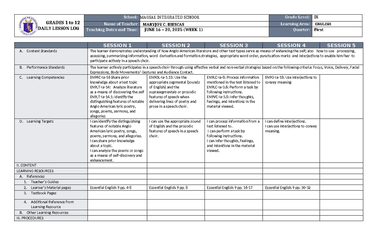DLL English 9 Q1 W1 - Daily Lesson Log for Speech Choir Activities ...