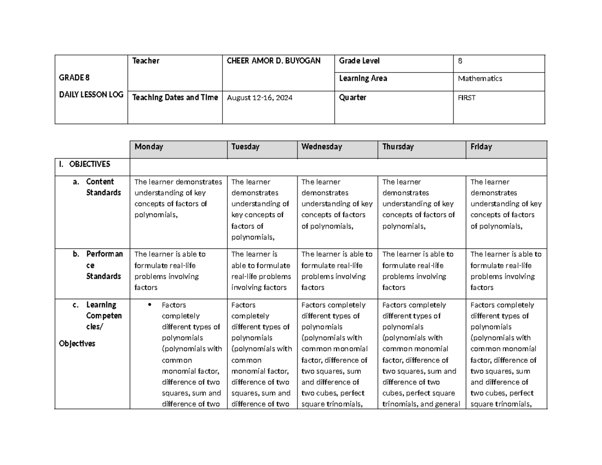 Grade 8 Math DLL: Factoring Polynomials Lesson Plan (Aug 12-16) - Studocu