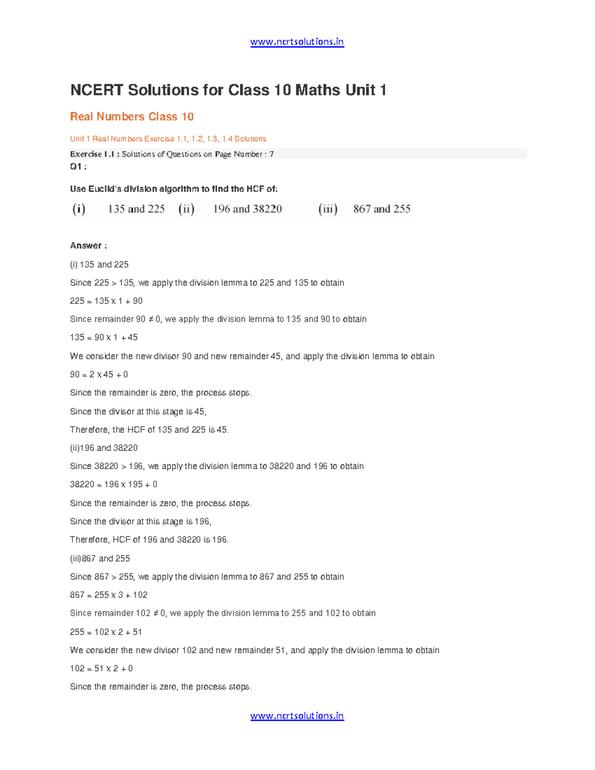 Chapter 1: Real Numbers Solutions - NCERT Class 10 Maths - Studocu
