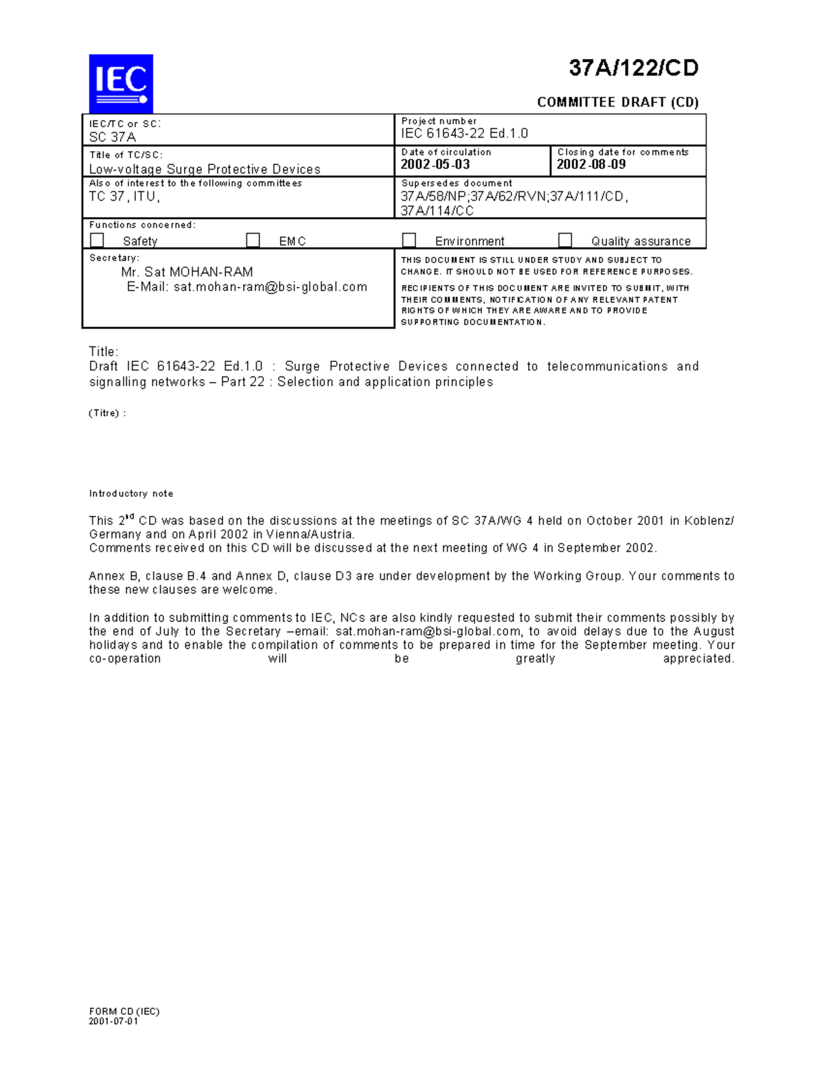 IEC 61643-22: Draft on Surge Protective Devices for Telecom Networks ...