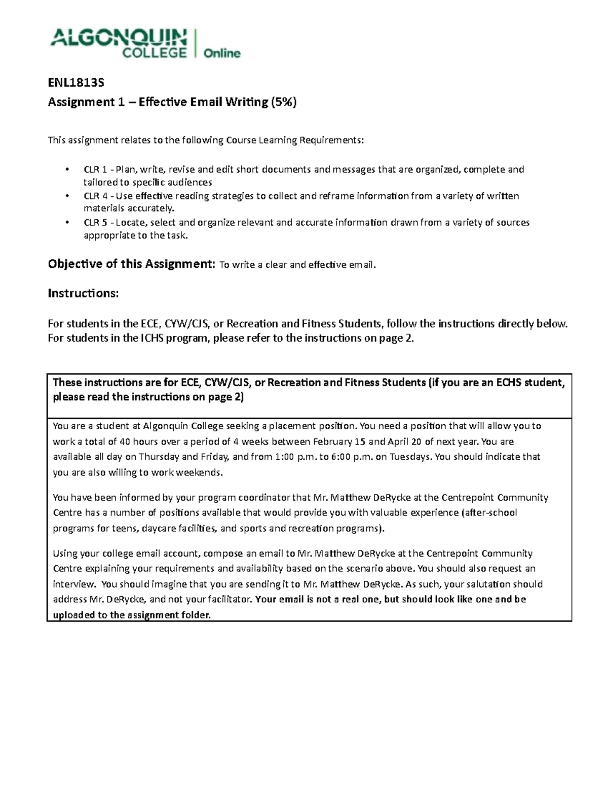 ENL1813S Assignment 1: Crafting an Effective Email for Placement - Studocu