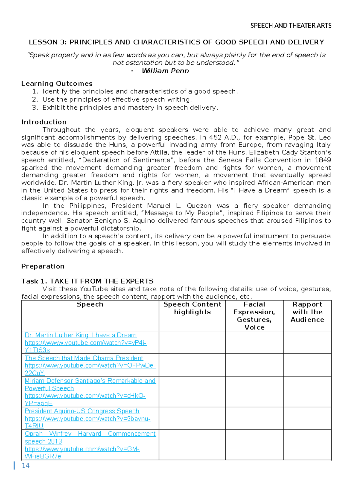 SPEECH AND THEATER ARTS LESSON 3: PRINCIPLES OF EFFECTIVE SPEECH ...