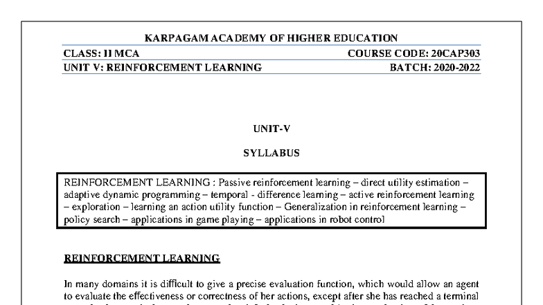 UNIT V: REINFORCEMENT LEARNING NOTES - 20CAP303 - Studocu