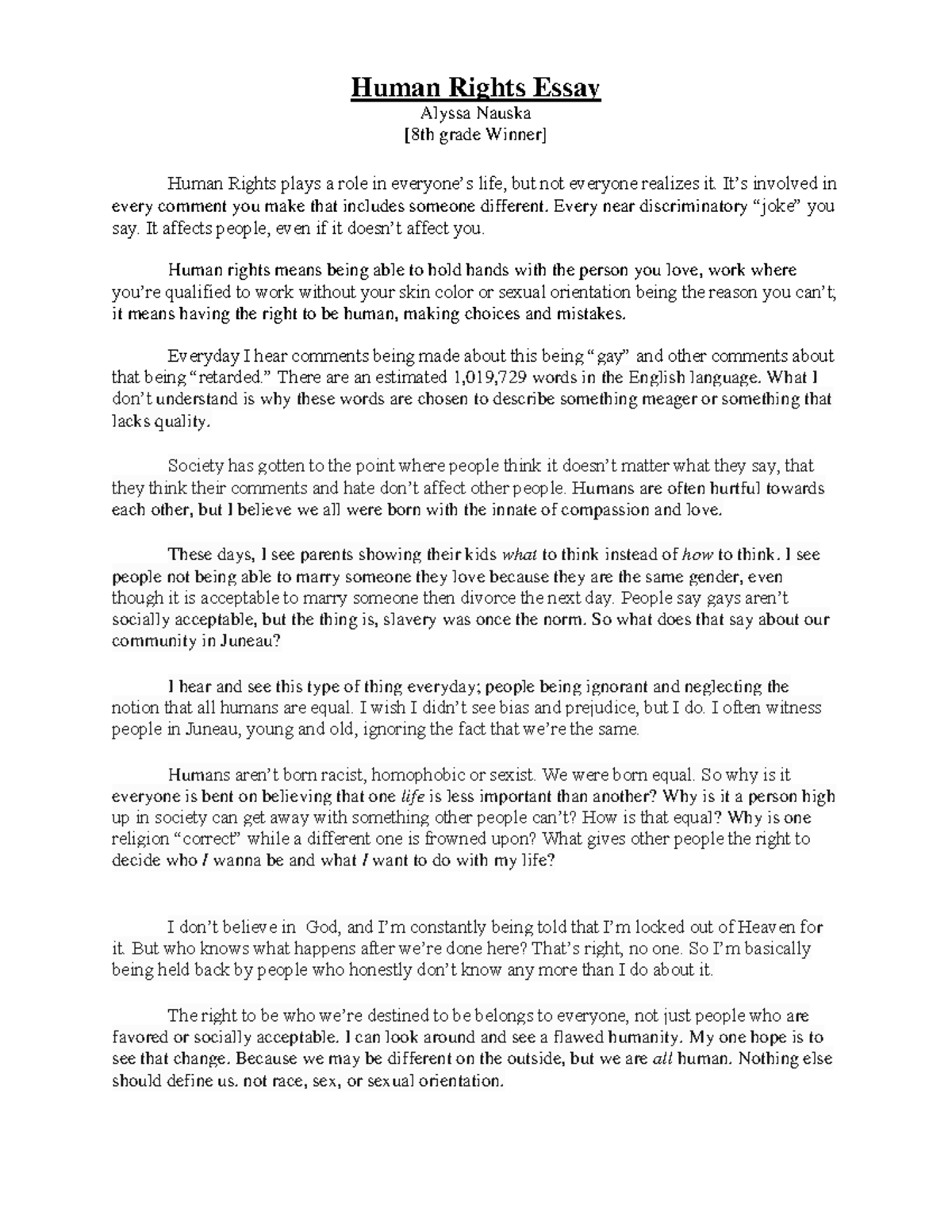 Human rights essay - Human Rights Essay Alyssa Nauska [8th grade Winner ...