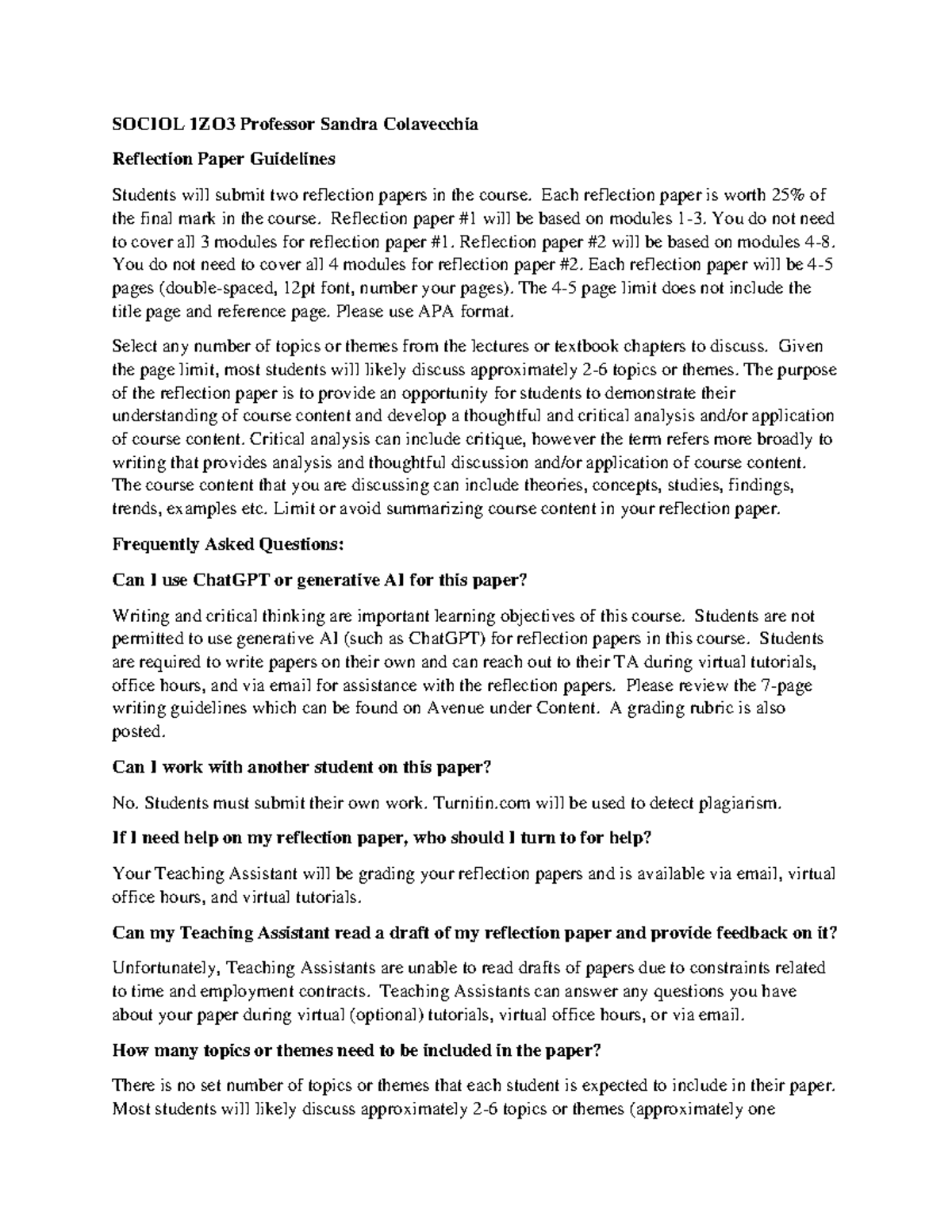 SOCIOL 1Z03 C02 Fall 2024 Reflection Paper Guidelines & Tips - Studocu