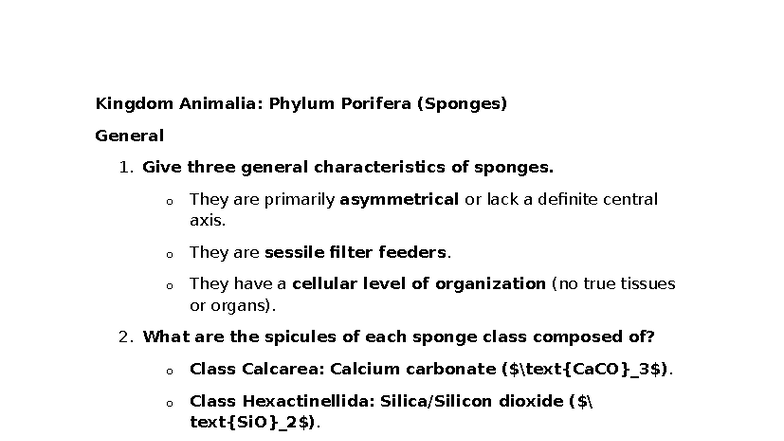ZEN 101: Kingdom Animalia Study Guide - Phyla Porifera to Echinodermata ...