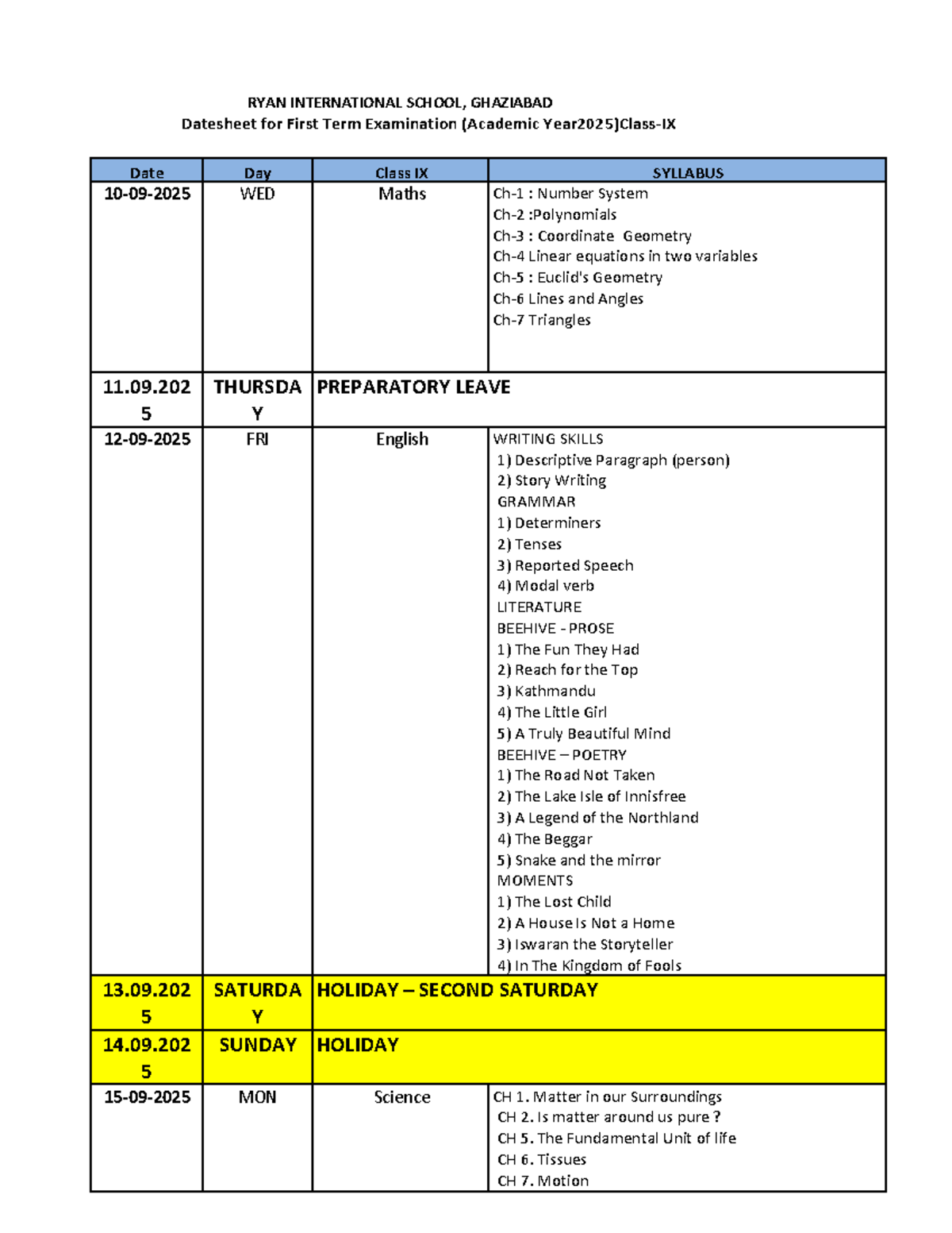 Class IX First Term Exam Datesheet & Syllabus (2025-2026) - Studocu