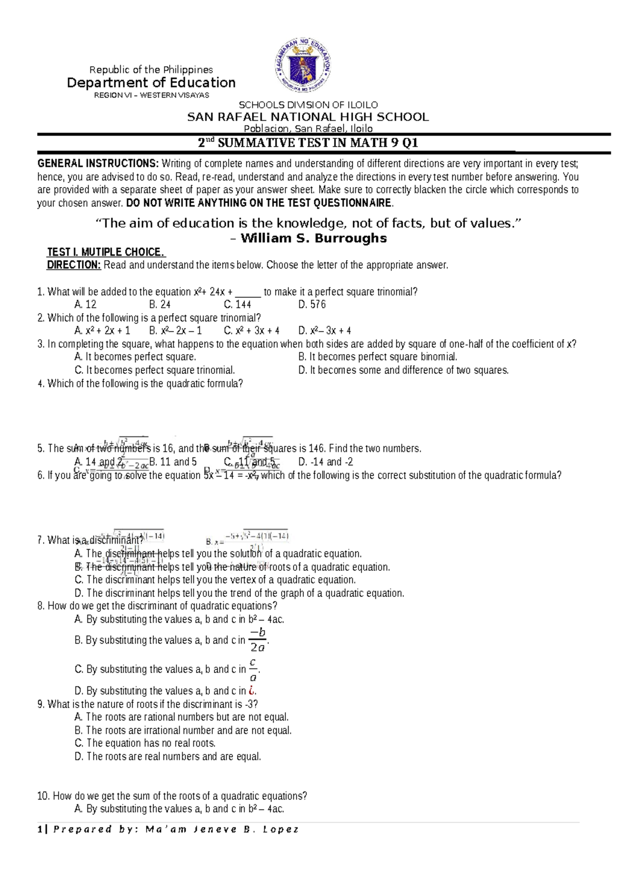 2nd Summative Test in Math 9 (Q1) - Multiple Choice Questions - Studocu