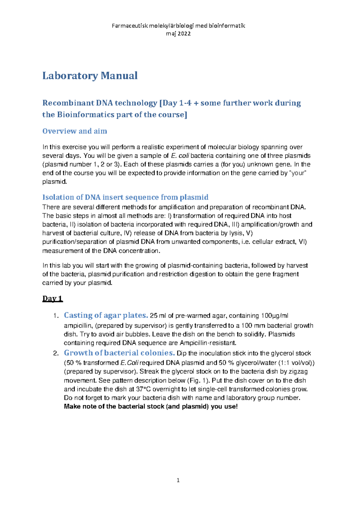 Laboratory manual Molecular biology lab A1 VT22 6675526 - maj 2022 ...