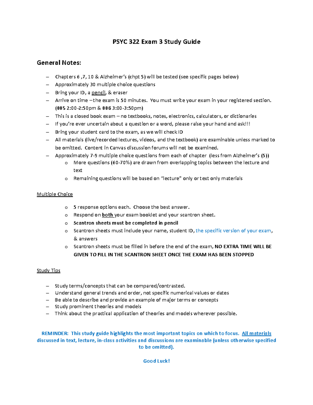 PSYC 322 2023 Exam 3 Final Study Guide: Key Topics & Tips - Studocu