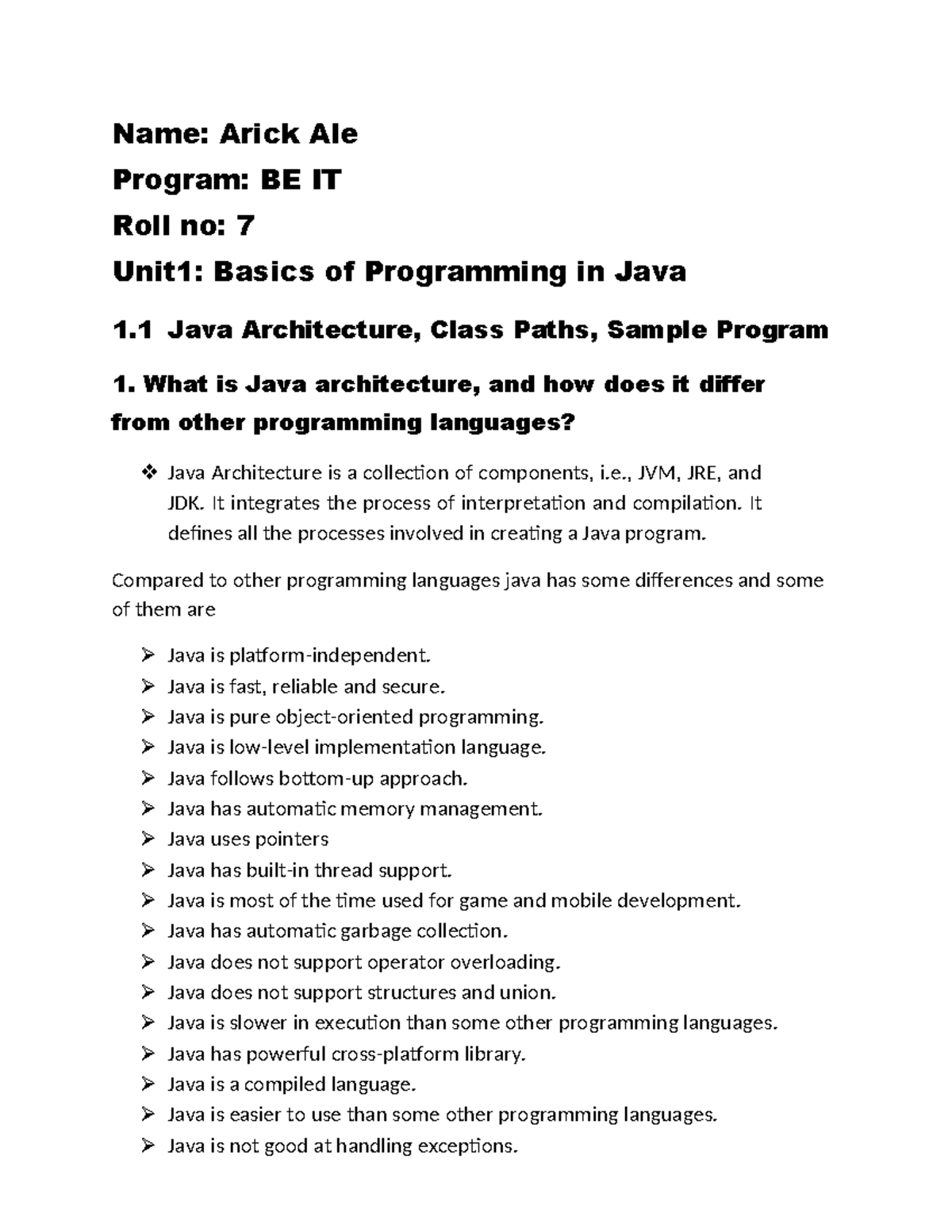 Unit 1: Java Programming Basics - Assignment Notes (BE IT) - Studocu