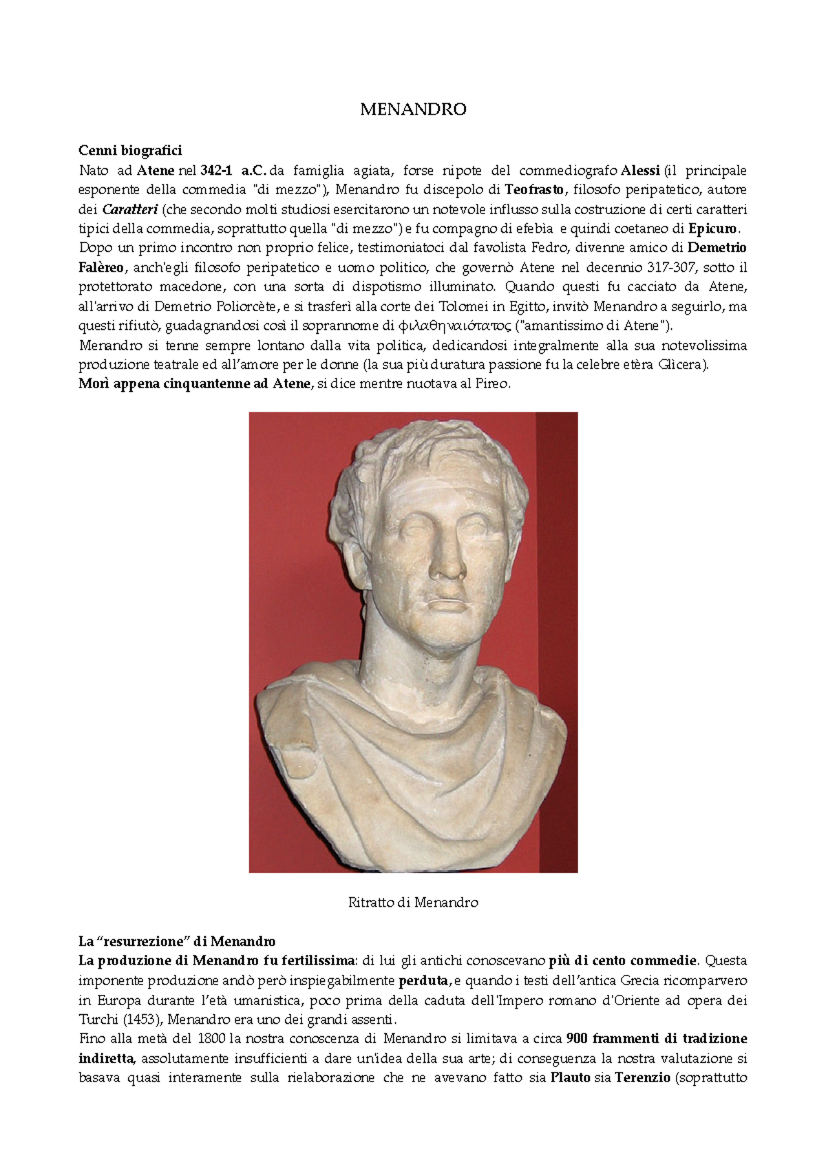 MENANDRO: Biografia e Analisi della Sua Commedia - Studocu