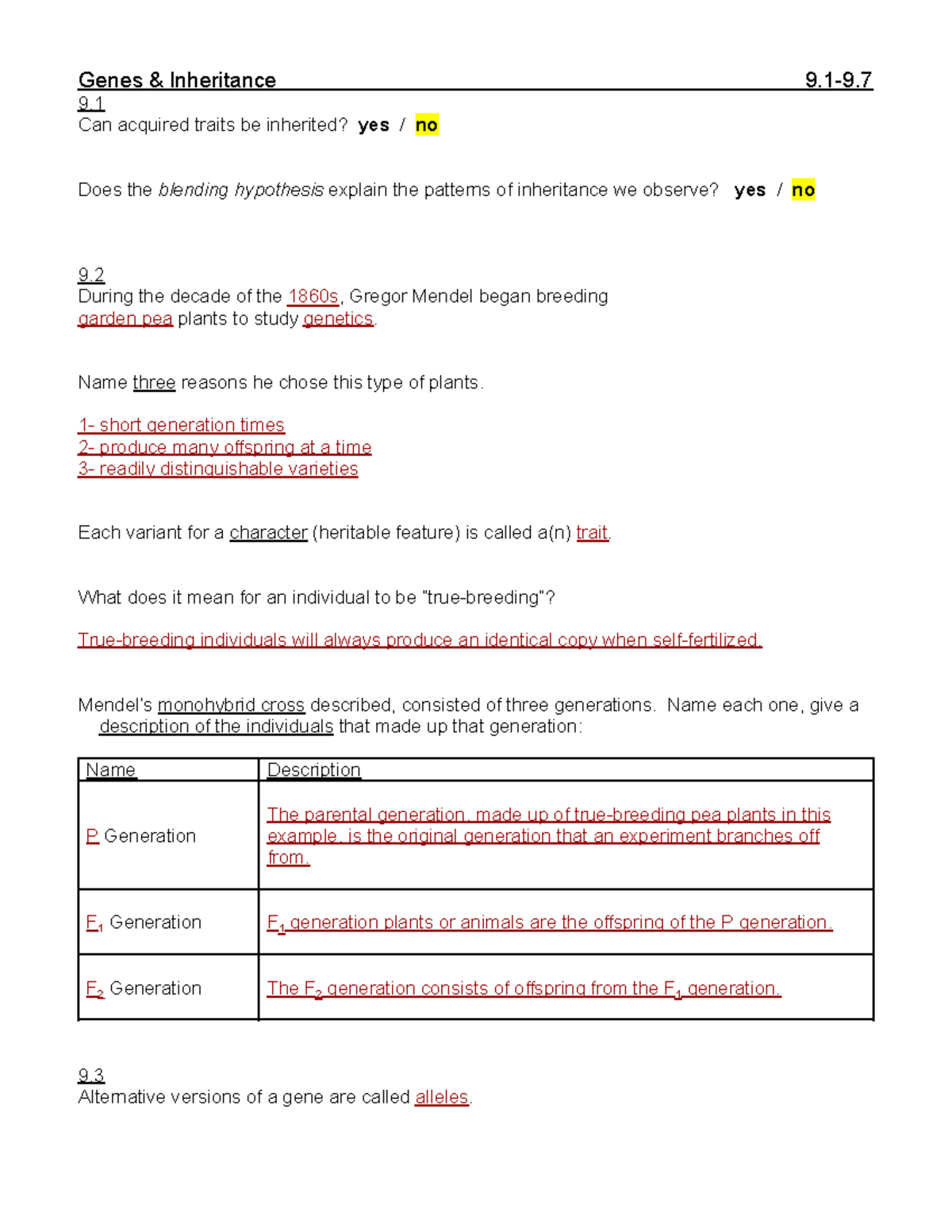 Genes & Inheritance Guided Notes (9.1-9) - Mendelian Genetics Overview ...