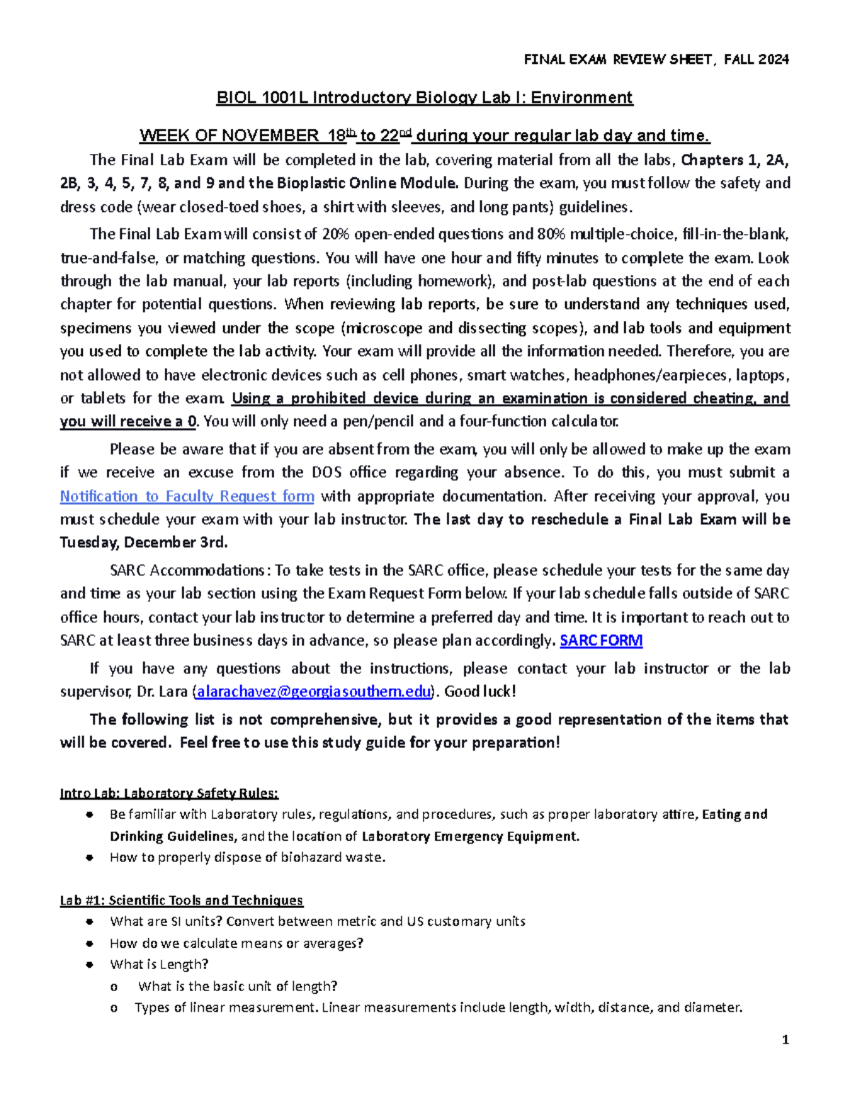 FINAL EXAM REVIEW for BIOL 1001L: Environmental Lab, Fall 2024 - Studocu